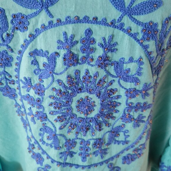 Chicos Womens Embroidered Tunic Top Size 1 Turquoise With Blue Floral Design M - Picture 3 of 8